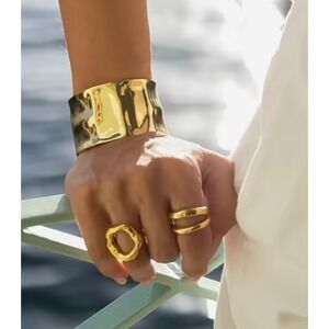 Hammered Gold Statement Cuff Bracelet Wide Textured Open Bangle Women Jewelry